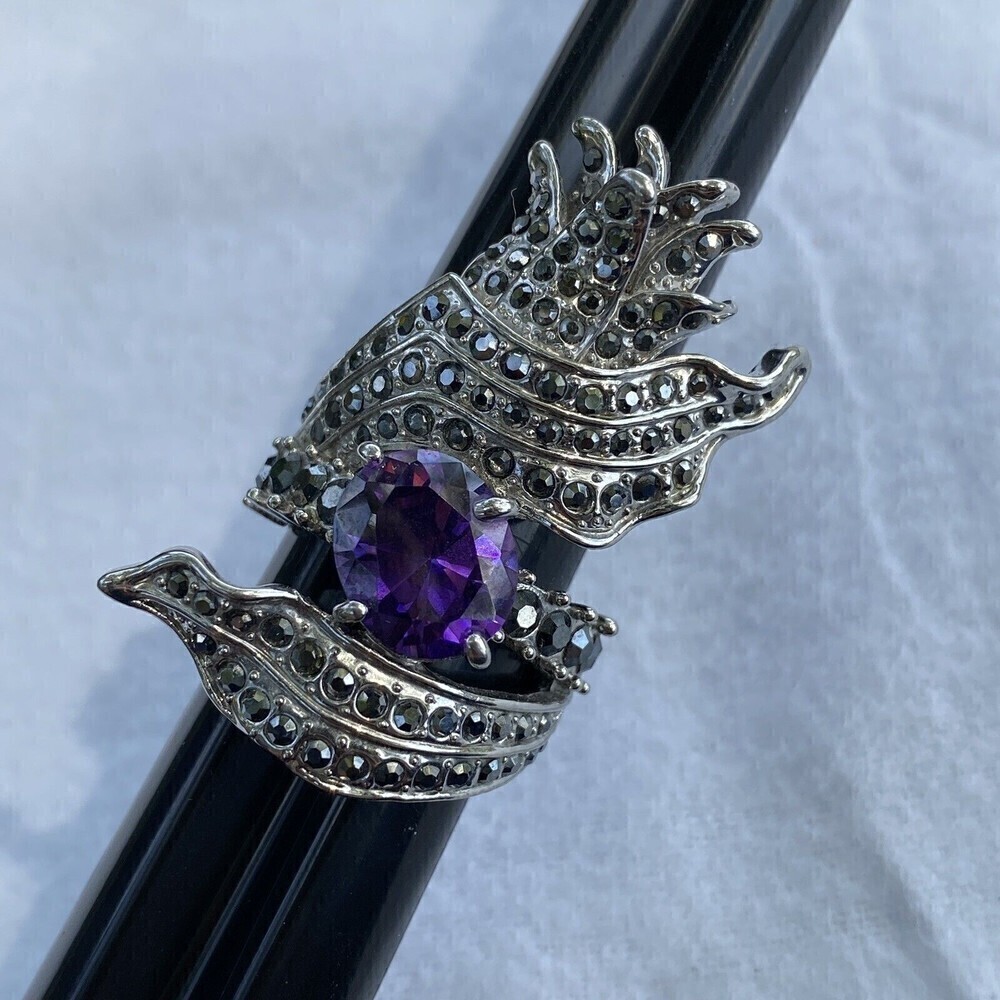 Silver Tone Purple Rhinestone Statement Fashion Ring Full Finger Sz 8